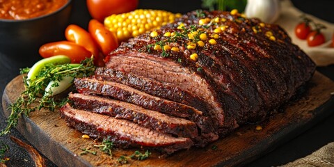 Juicy roasted corn beef brisket, enhanced with seasonings, is beautifully sliced and accompanied by fresh vegetables. Selective focus highlights the brisket s texture and spices, showcasing its