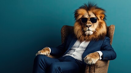 lion. cool business animal in sunglasses and suit. With copy text space. in the chair. business style. multi-colored plain background.