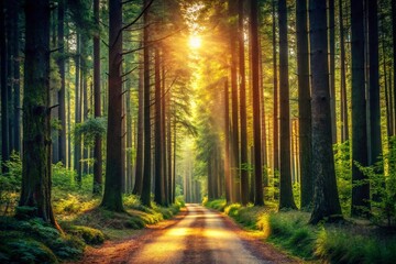 Fototapeta premium Vintage Forest Path: Sunlit Woodland Trail Leading to Distant Horizon