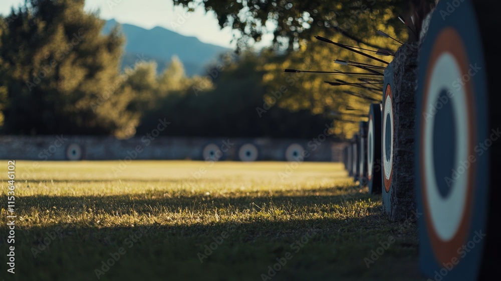Poster A tranquil archery range with arrows neatly arranged in a target board, A clean, open field with perfectly spaced targets