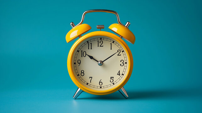 Bright yellow alarm clock on a blue background