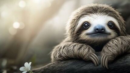 Fototapeta premium Dreamy portrait of baby sloth with white flower in magical forest setting. Gentle expression and soft lighting create enchanting wildlife moment with bokeh effects. 8k