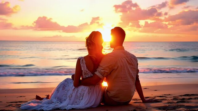 Romantic Couple Watching Golden Sunset on Sandy Beach. Valentines day.