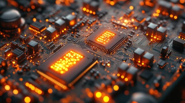 Close-up of illuminated computer processors on circuit board.