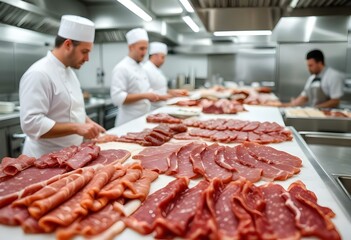 A detailed shot of assorted cured meats and charcuterie on a commercial kitchen counter , with blurred chefs working in the background