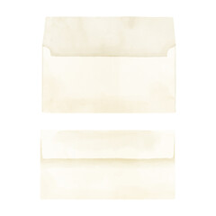 Closed and open narrow envelope made of old parchment paper, in a set. Watercolor digital illustration. Sealed kraft paper envelope with frayed corners, isolated on white background.