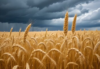 Fototapeta premium A field of golden wheat stalks against a dramatic cloudy sky, with the wheat swaying in the wind