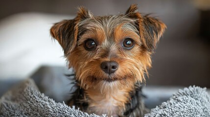 Cute yorkshire terrier puppy in a cozy setting