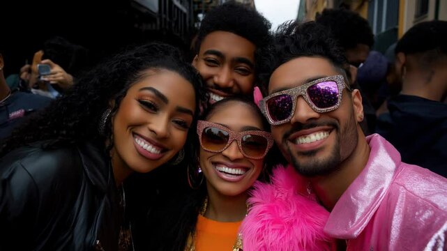 Three friends pose and smile during a street parade