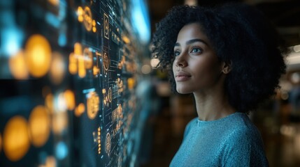 Young Black woman in blue sweater looking at futuristic digital interface. Professional examining holographic display with tech data visualization and glowing elements. 8k