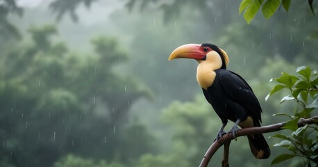 Obraz premium An exotic hornbill with a large beak perched in the rain , with a blurred green foliage background