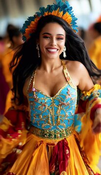 Brazilian Samba Dancer with Colorful Costume Smiling during Carnival Parade