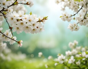 A close-up view of vibrant white cherry blossom flowers in full bloom against a blurred green background , creating a serene and tranquil spring scene