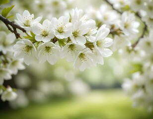 A close-up view of vibrant white cherry blossom flowers in full bloom against a blurred green background , creating a serene and tranquil spring scene