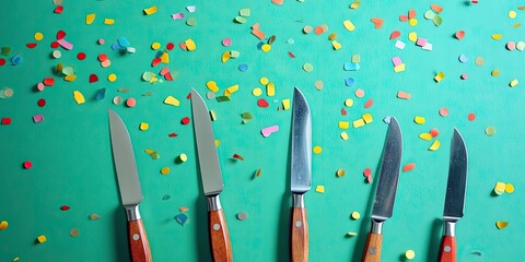 A lively and cheerful birthday party scene featuring confetti and disposable knives set against a vibrant green backdrop for that festive atmosphere.