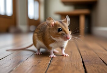 Fototapeta premium A small brown mouse foraging for food on a wooden floor in a blurred indoor setting