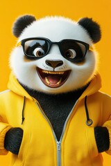 Fototapeta premium panda. in a tracksuit. on a solid monochromatic background. in black glasses. bright colors. bokeh wide smile. intense joy. open mouth.