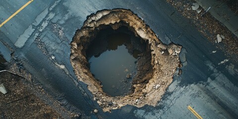 A sinkhole has formed in the asphalt street, causing damage to the road due to excessive rainfall and erosion. There is an urgent warning about unrepaired urban infrastructure and ground support loss.