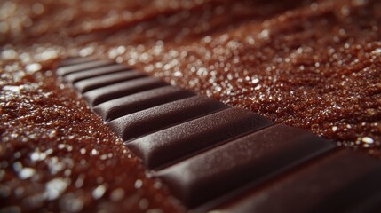 Close-up of a dark chocolate bar on a bed of brown sugar crystals.