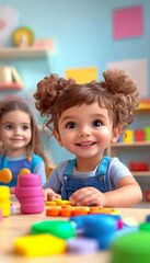 Smiling Girl Plays with Educational Toys in a Vibrant Preschool Classroom Early Education
