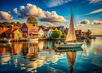 Fototapeta premium Vintage Postcard: Charming Coastal Town, Blue Sky, Sailboat