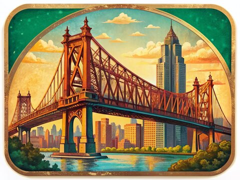 Vintage Queens NYC T-Shirt Design, Queensboro Bridge Emblem, Retro Style Sticker