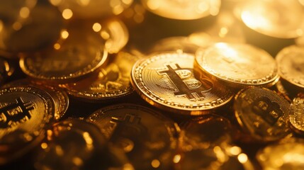 Bitcoin crypto currency gold coins as digital cryptocurrency symbol stock financial exchange business market trade charts. Btc blockchain future payments, investment technology background .