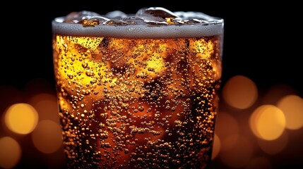 Close-up of a glass of fizzy drink with ice.