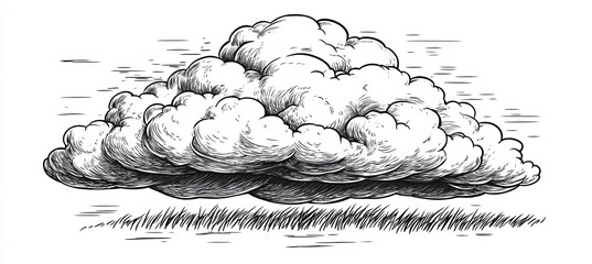 Line Art Drawing Of Cumulus Cloud On White Background, Detailed Cartoon Illustration For Coloring