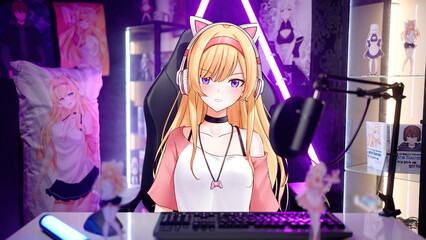 Cute 2D anime gamer girl vtuber streamer interacting from geeky merch room