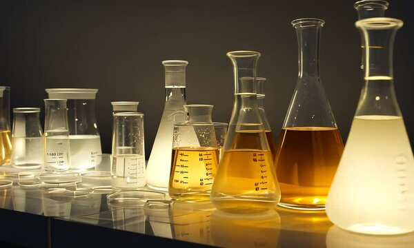 Laboratory Display of Transparent Glassware Filled with Varying Liquid Colors Illuminated from Below on a Dark Surface