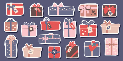 Valentines day, love, mothers day, birthday concept. Set of gift boxes stickers isolated on white. Flat style hand drawn vector cliparts.
