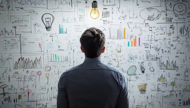 Visualizing Ideas: A Person Reviews Charts and Graphs to Brainstorm Solutions Creatively and Strategically.