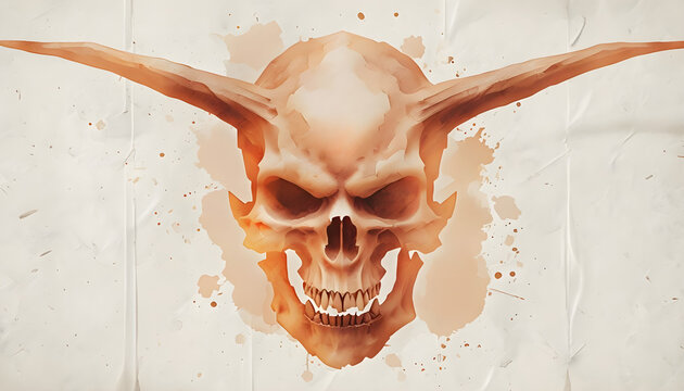 teschio di demone stilizzato con corna, zanne, ghigno malefico e sguardo maligno, Stylized demon skull with horns, fangs, evil grin and evil gaze