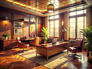 Fototapeta premium Vintage Style Modern Office Interior: 3D Rendered Mockup - Stylish Workspace Design