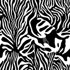 Zebra print pattern , with large irregular splotches of black and white