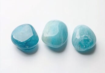 Three light blue tumbled gemstones on a white background, product photography.