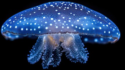 Close-up of a vibrant, blue jellyfish with white spots against a black background.