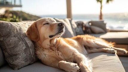 Obraz premium Golden retriever lounging in sunny seaside living room
