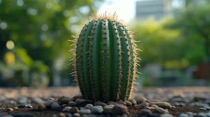 Close-up of a vibrant green barrel cactus, with numerous spines, planted in gravel and soil. Sunny day outdoors.