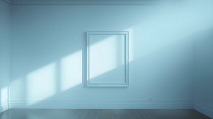 High-resolution stock photo A blank white frame on a wall in a simple interior, illuminated by natural light. Cool color palette of blues, greens