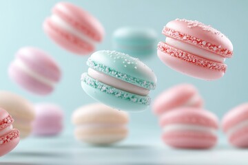 Obraz premium Colorful macarons floating on a pastel blue background