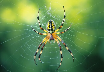  A beautiful photograph of a yellow and black striped spider on its web in the jungle