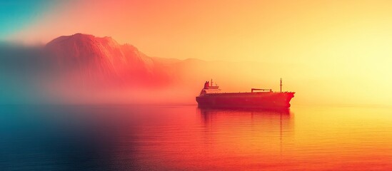 Oil tanker at sunset, misty sea and mountains.