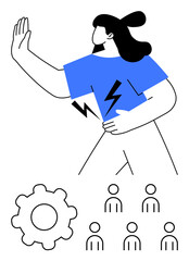 Woman with a blue shirt and lightning symbol signifies power. Below, six stick-figured team members and a gear. Ideal for leadership, teamwork, power, innovation, organization, efficiency, female