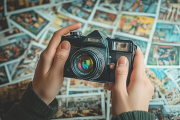 Photographer holding vintage camera above collection of pictures