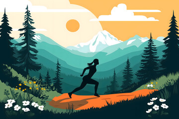 Person running on a forest trail with wildflowers and mountains in the background, symbolizing energy, fitness, nature, exploration, and harmony in a scenic outdoor environment