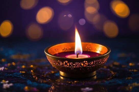 Close-up of a lit diya, traditional Indian oil lamp, on a dark purple blurry bokeh background. Peaceful serene candle burning flame. Diyo, deya, deeya, dia, divaa, deepa, deepam, deep, deepak, saaki.