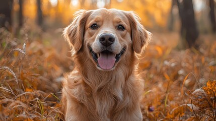 Obraz premium Golden retriever smiling in an autumn forest