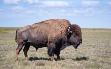  A wild American bison standing on a grassland prairie, with a thick brown coat, covered in dust, set against a golden grassland and clear sky